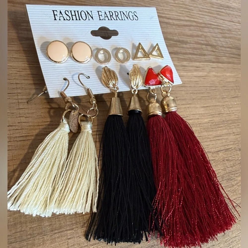 Gold Fashion Earrings Set - Studs & Tassel Dangles Red Black Cream (6 Pair)
